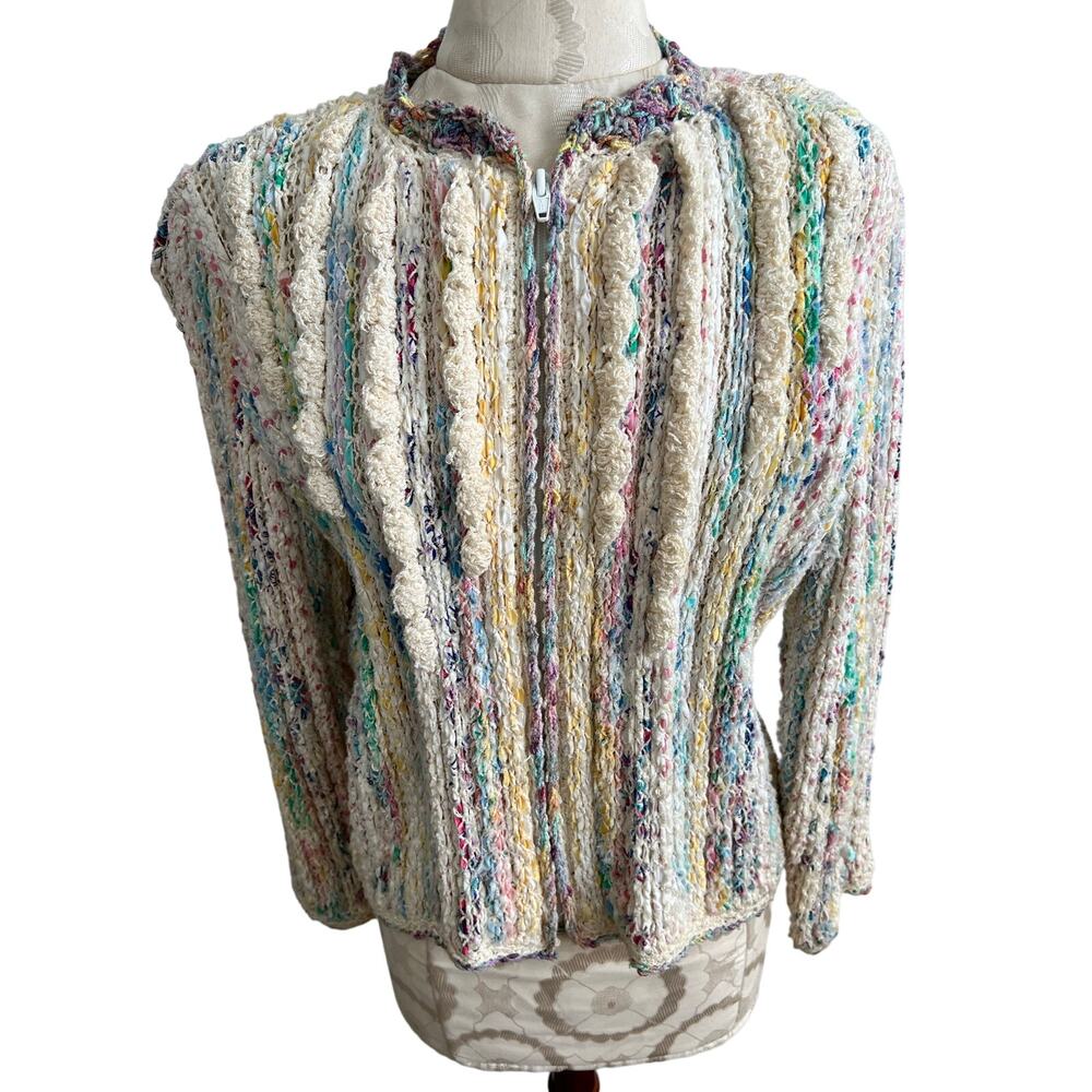 Estelle Vintage Art-to-Wear Zip Up Cream Hand Woven Cardigan